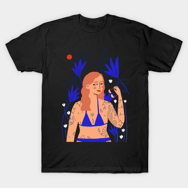 Summer and beach - Girl with tattoos in bikini T-Shirt by London Colin